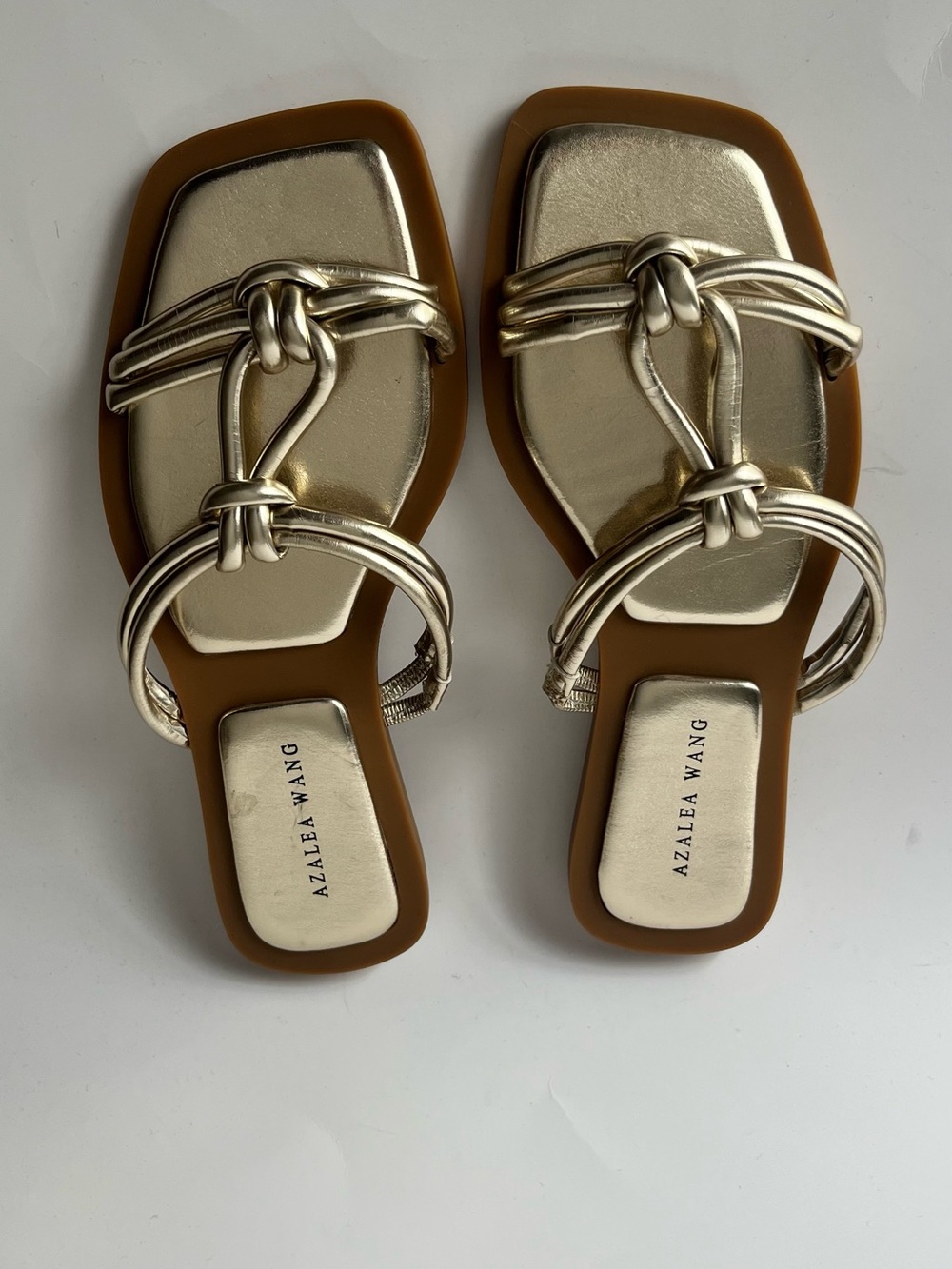 Azalea Wang Metallic Gold Knotted Slide Sandals with Tan Trim